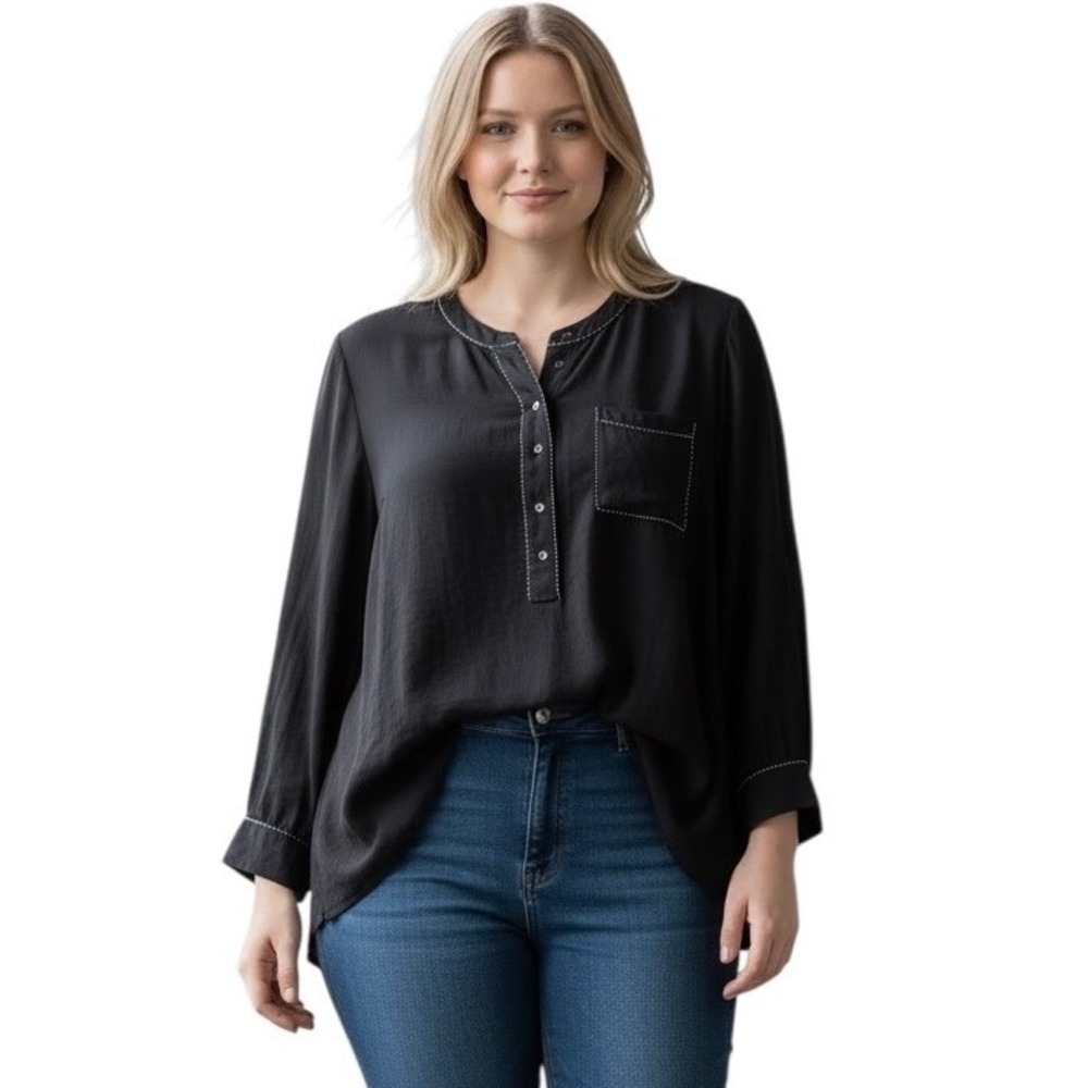 Lane Bryant Black Henley Blouse White Stitch Lightweight Pleated Back Top 14/16